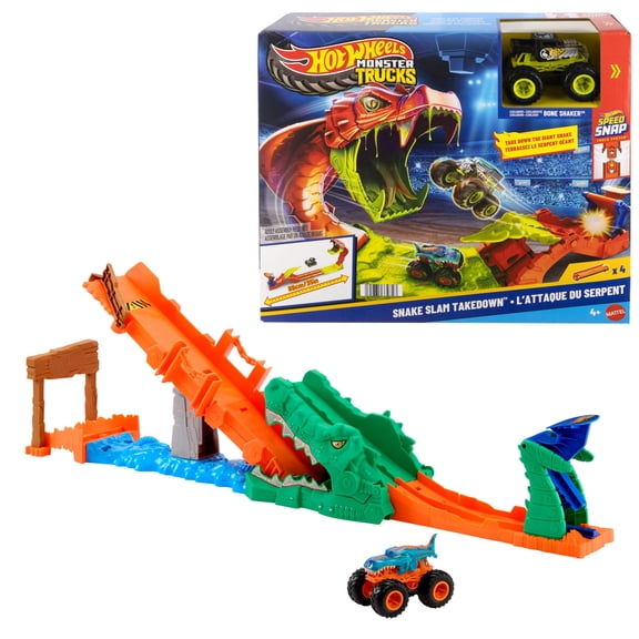 Hot Wheels Monster Trucks Crocodile Crash Challenge Playset & 1:64 Scale Mega-Wrex Toy Vehicle