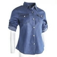 thumbnail image 4 of KOMOO Women Casual Denim Shirt Vintage Blue Soft Jean Blouse Long Sleeve Button Jacket Plus Size, 4 of 10