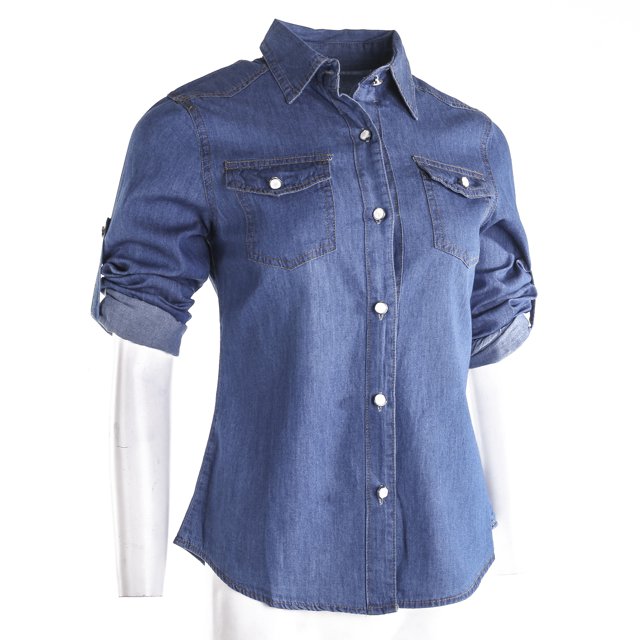 SAYOO blusa de mezclilla Azul retro femenina camisa ajustable de manga larga camisa de hebilla de una sola fila camisa de autocultivo de moda de otoño SAYOO moda