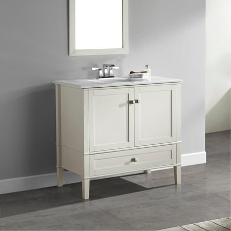 WyndenHall Windham 36 inch Contemporary Bath Vanity in Soft White with White Engineered Quartz ...
