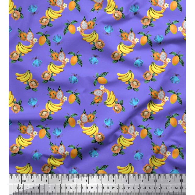 Soimoi Purple Silk Fabric Flowers & Mix Fruits Print Fabric by Yard 42 Inch Wide