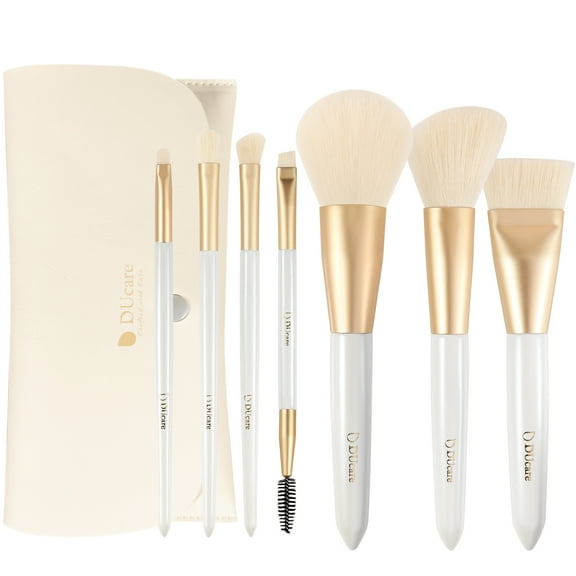 DUcare 7-Piece Professional Travel Makeup Brush Set – Compact Luxury Brushes with Beige-Accented Pouch