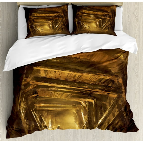 Cartoon Duvet Cover Set, Art of a Painting Abandoned Mine Explorer Mystic Adventure Print, Decorative 3 Piece Bedding Set with 2 Pillow Shams, King Size, Yellow and Brown, by Ambesonne