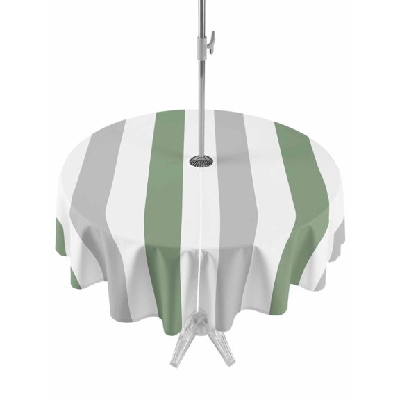 Outdoor Table Cloth with Umbrella Hole and Zipper, Sage Green Grey Striped Waterproof Round Tablecloth 60 Inch, Minimalist Farmhouse Stripe Washable Table Cover for Outside Party Patio Picnic