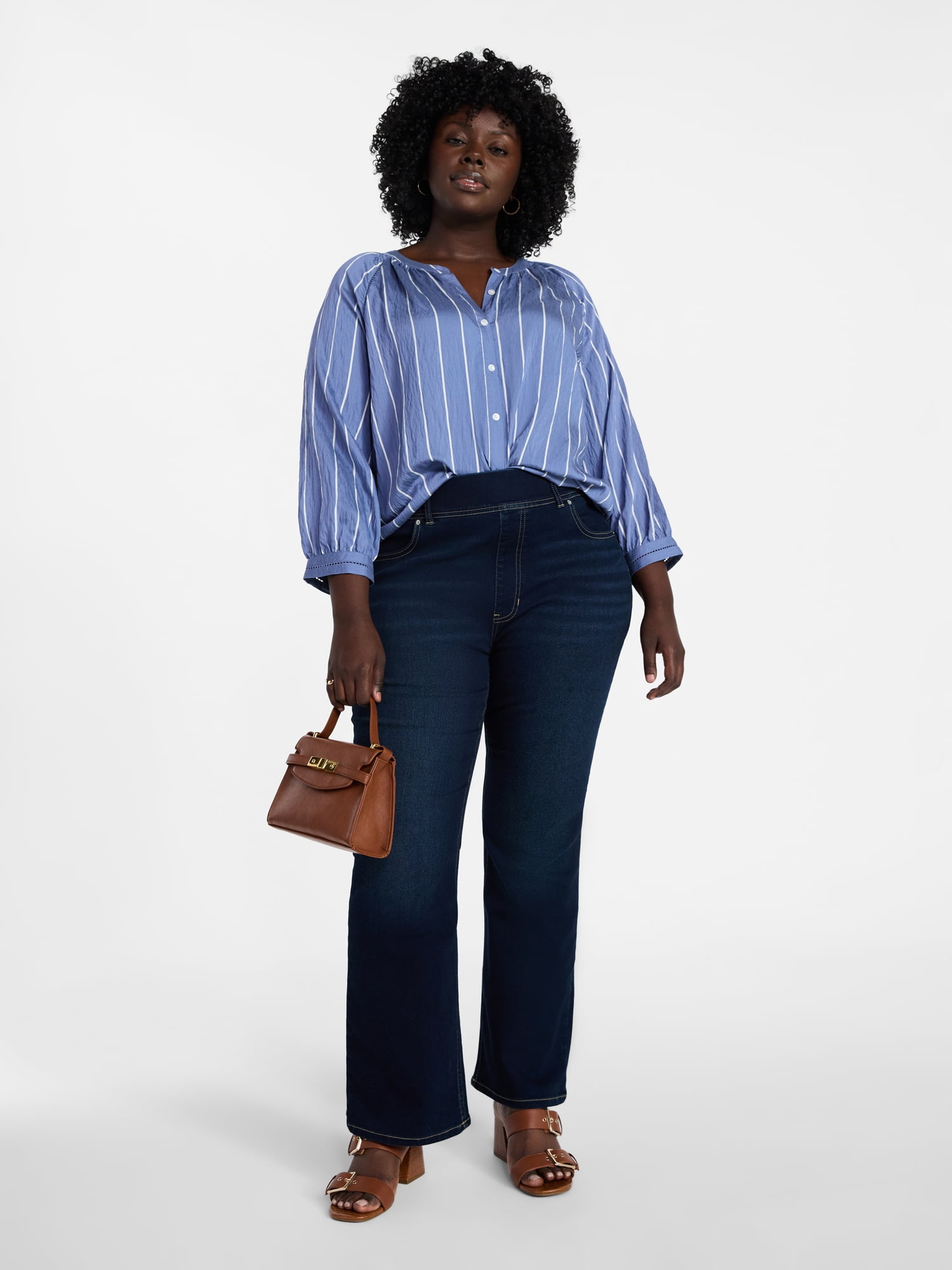 Terra & Sky Women's Plus Size Button Blouse with 3/4-Length Sleeves, Sizes 0X-5X