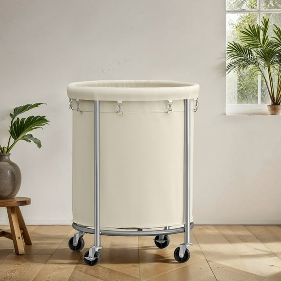 Rolling Laundry Hamper with Removable Bag – 45 Gal. Large Capacity Laundry Basket on Wheels, Steel Frame, 4 Casters (2 Locking), Cream & Silver