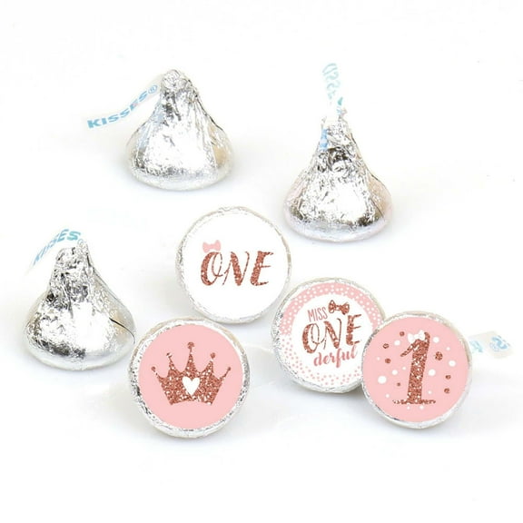Big Dot of Happiness 1st Birthday Little Miss Onederful - Girl First Birthday Round Candy Sticker Favors - Labels Fits Chocolate Candy 1 sheet of 108