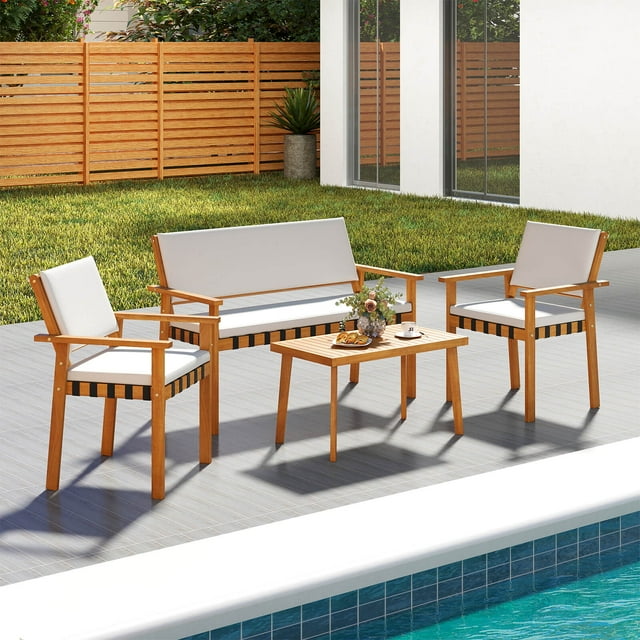 Costway 4 PCS Wood Furniture Set with Coffee Table Seat Back Cushions for Backyard, Porch