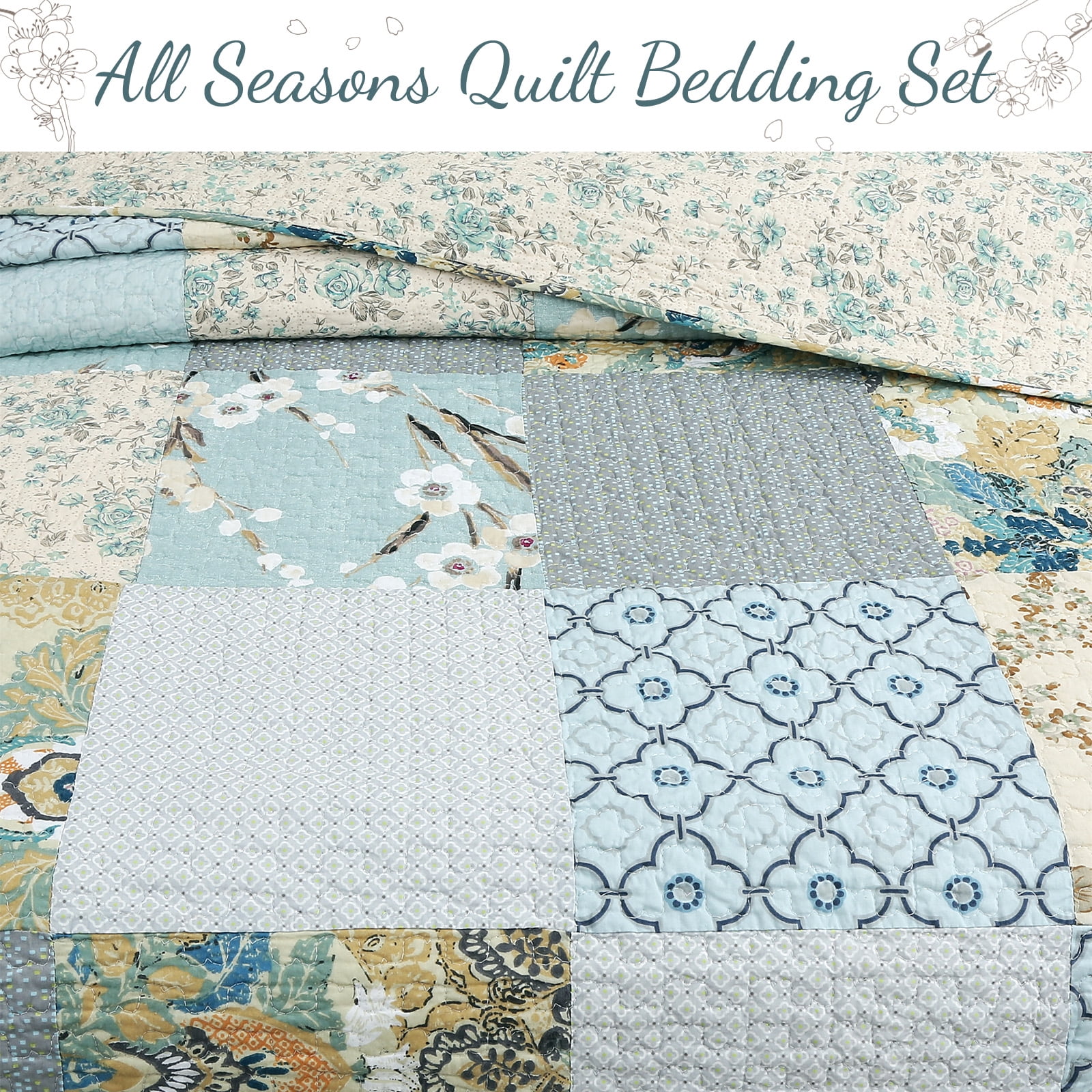 Sky Blue Floral Patens Ogee Patchwork Cotton King 3 Piece Quilt Bedding Set