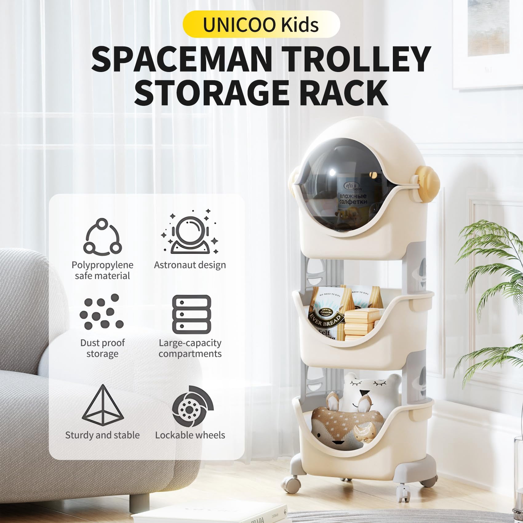 UNICOO® Kids Spaceman Toy Storage Organizer, 3-Tier Stackable Plastic Rolling Cart, Multi-Functional Children's Storage Rack Shelf with Wheels for Playroom, Bedroom, Classroom(Grey & White)