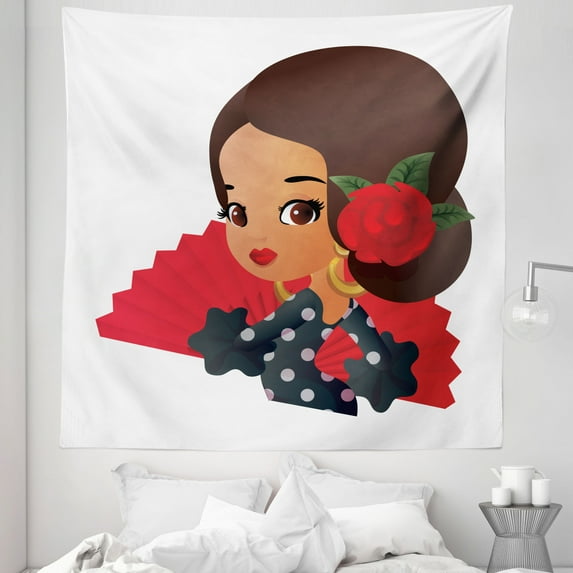 Spanish Tapestry, Chibi Character in Flamenco Costume with Rose Flower on Her Hair Girl Cartoon, Fabric Wall Hanging Decor for Bedroom Living Room Dorm, 5 Sizes, Multicolor, by Ambesonne