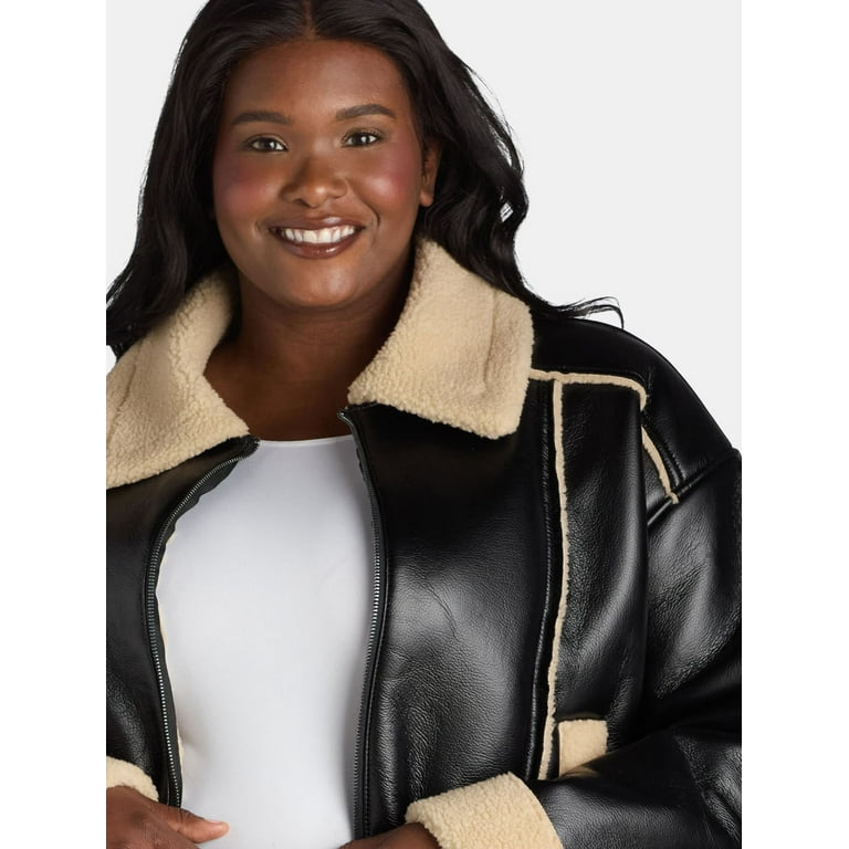 Time and Tru Women's and Women's Plus Bonded Faux Shearling Bomber Jacket, Sizes XS-3X Time and Tru Women's and Women's Plus Bonded Faux Shearling Bomber Jacket, Sizes XS-3X