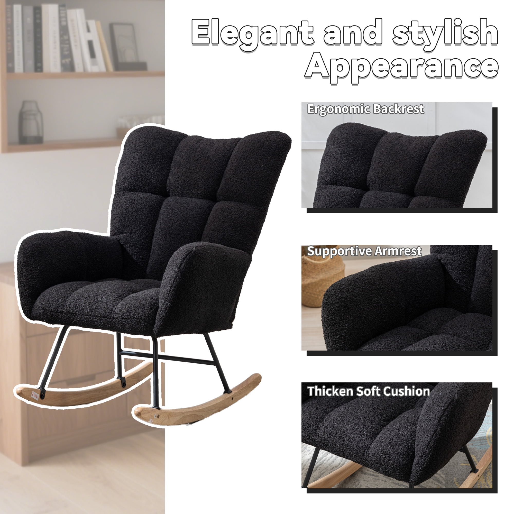Leumius Rocking Chair Nursery,Teddy Upholstered Glider Rocker with High Backrest,Modern Rocking Accent Chairs Glider Recliner for Living Room, Nursery, Bedroom,Black