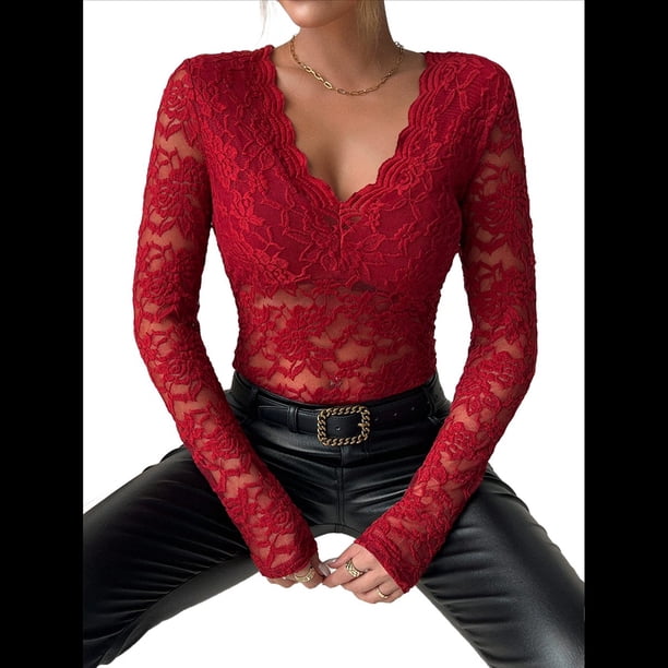 Blusas de Larga para Mujer, Elegantes, con Encaje de Crochet, Bordadas y Caladas, Moda 2025. Rojo S