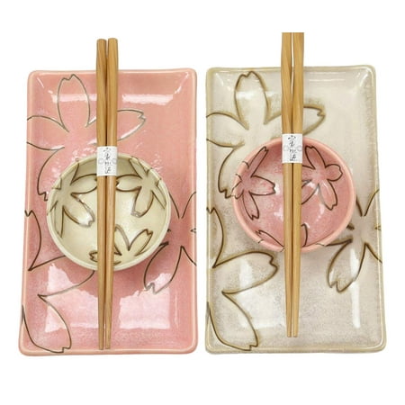 Sushi Dishware - Ebros Gift Japanese Sakura Cherry Blossom Porcelain Sushi Dinnerware 6 Piece Set 2 Each Of Dinner Plates Dipping Soy Sauce Bowls And Bamboo Chopsticks Pair Gift Ideas (Pink And Beige Pair)