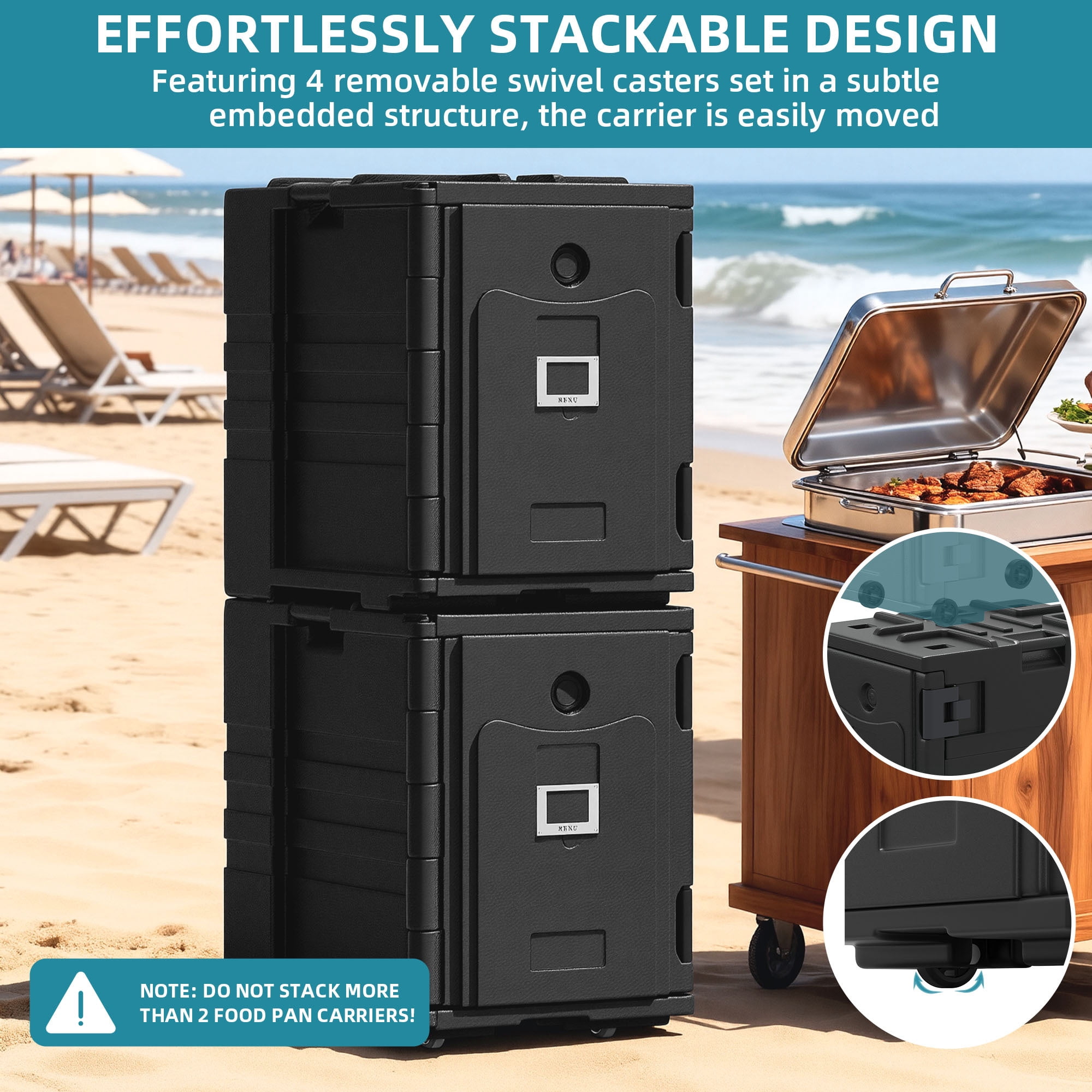 Uforic 95 Qt Insulated Food Pan Carrier, LLDPE Catering Hot Box with Stainless Steel Pan & Hidden Lockable Swivel Casters, Stackable Food Warmer Fits 6 Full-Size Pans for Restaurants & Events