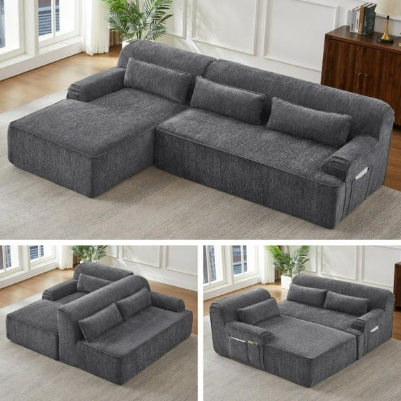 102" L-Shape Modern Sectional Sofa,Comfy Sleeper Couch with Pillows and Left Side Recliner,Luxury Oversized Sofa for Living Room,Apartment&Reception Spaces,No Assembly Required,Chenille,Grey