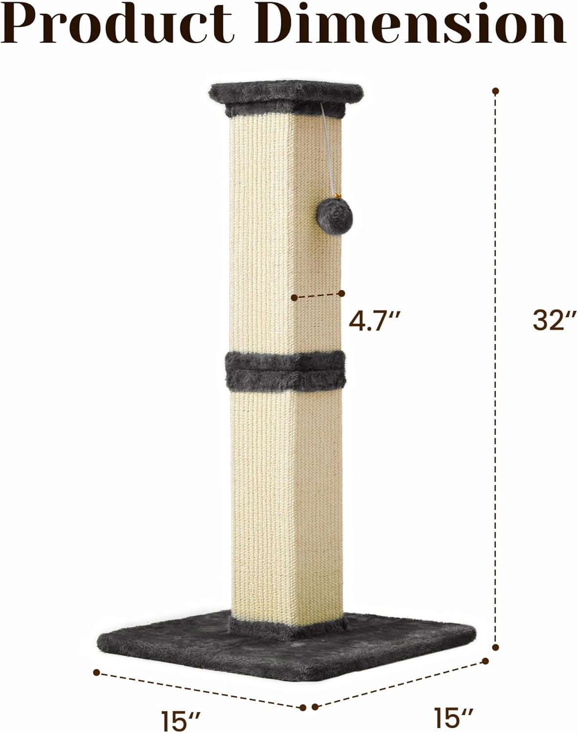 Tall  Scratching Post, 32'' Heavy Duty and Thick Sisal Rope with Hanging Ball for Adult Cats -