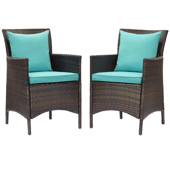 Side Dining Chair Armchair, Set of 2, Rattan, Wicker, Brown Blue, Modern Contemporary Urban Design, Outdoor Patio Balcony Cafe Bistro Garden Furniture Hotel Hospitality
