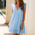 thumbnail image 3 of Kadahis Women's Summer Dresses V Neck 2023 Short Sleeve Casual Dress Swiss Dot Swing Flowy Ruffle Hem Mini Beach Summer Dresses, 3 of 5
