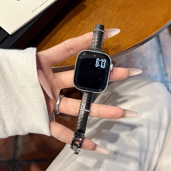 Sleektime Diamond Metal Band for Apple Watch 42mm 44mm 45mm 46mm 49mm, Waterproof Adjustable Slim Bracelet Strap for iWatch Series, Stylish Sparkling Women.s Replacement Band,Black