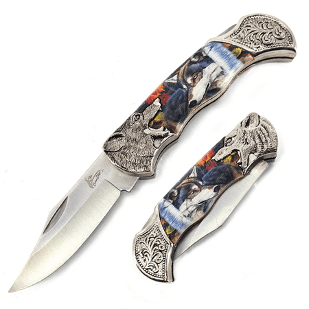 TheBoneEdge 7 Tactical Wolf Design Pattern Handle Classic Pocket Knife