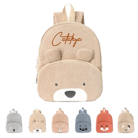 Customizable Baby Backpack with Bear Design, Soft Corduroy, Adjustable Strap, Perfect for School and Play, Great Gift for beginner