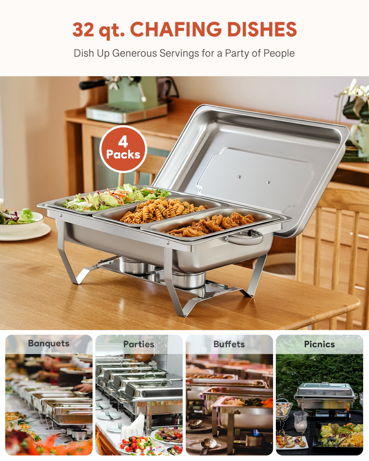 Wilprep 4-Pack Chafing Dish Buffet Set, 8Qt Stainless Steel Foldable Catering Food Warmer 1/3 Size Food Pan