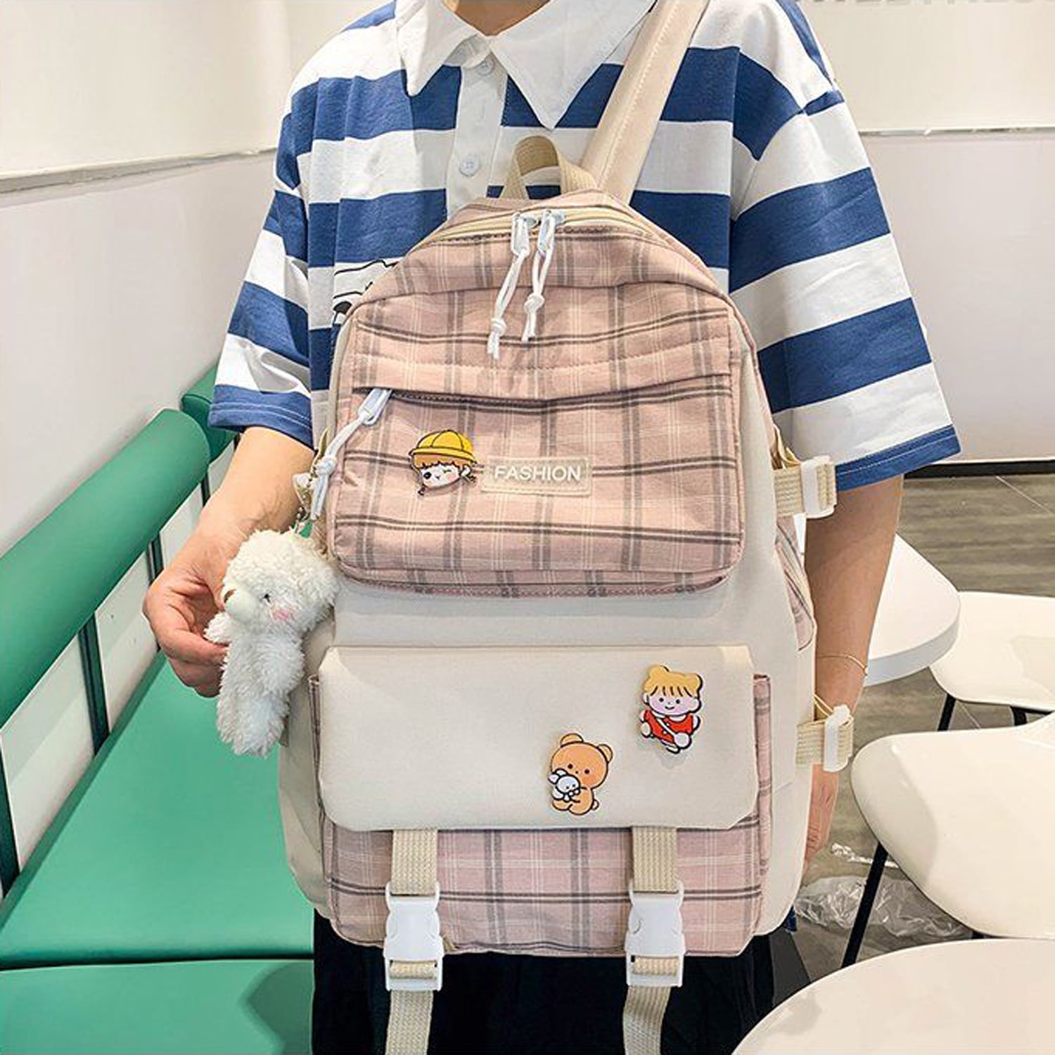 5pcs Bag Set Classic Backpack Shoulder Crossbody Bucket Bag Pencil Case  Release Buckle Decor Preppy For School With Bear Pendant Perfect for  Elementary School,Middle School,High School,Back to School