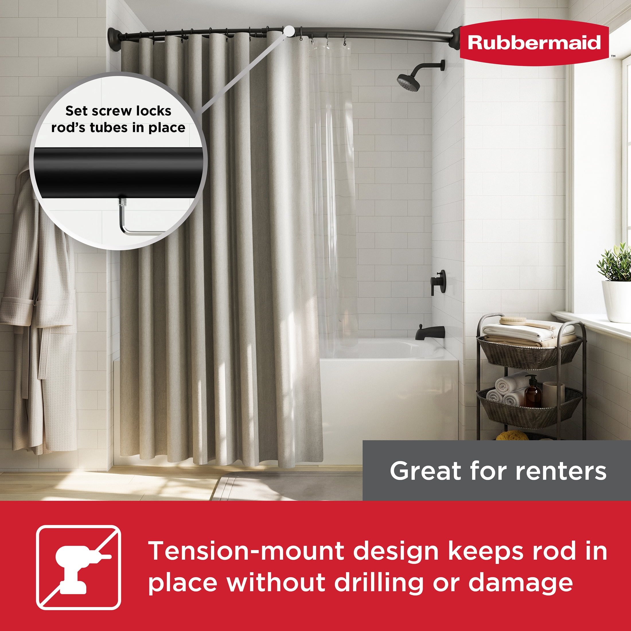 Rubbermaid No Drill Adjustable Tension Double Curved Shower Curtain Rod, Rustproof, 50" - 72", Matte Black