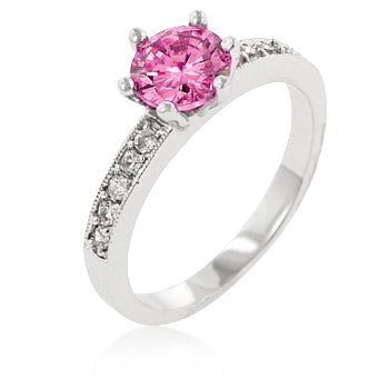 Precious Stars Silvertone Petite Round-Cut Pink Cubic Zirconia Engagement Ring