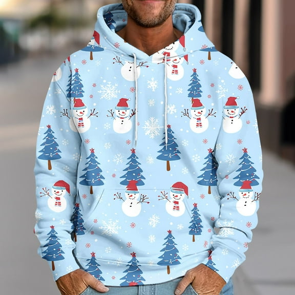 Sookity Mens Christmas Hoodies Cute Snow Hooded Sweatshirt Fashion Graphic Hoodie Casual Outwear Loose Pullover Tops with Kangaroo Pocket Chompas Para Hombre Multicolor,L