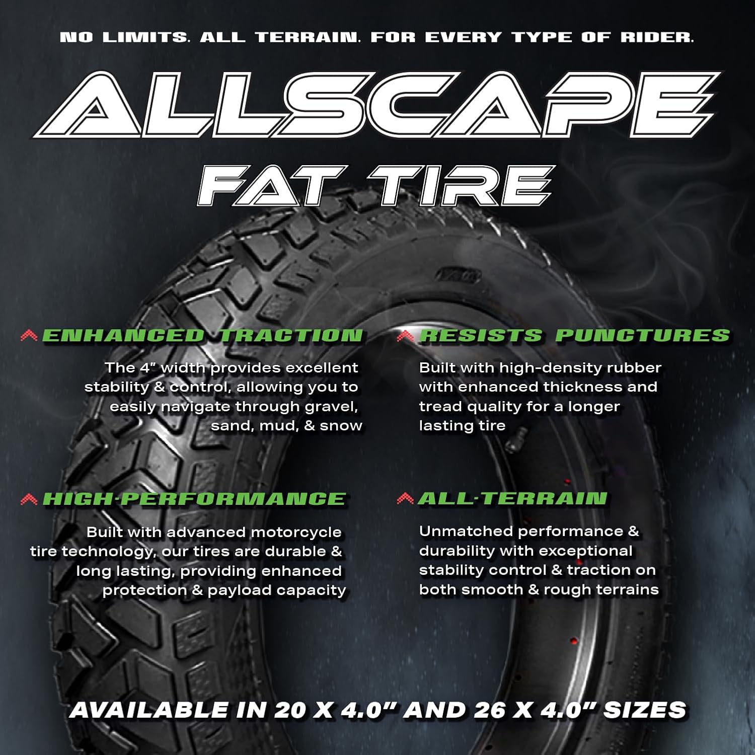 HEB ALLSCAPE E-Bike 26x4.0 Fat Tire Set, Includes 2 Tires, All Terrain