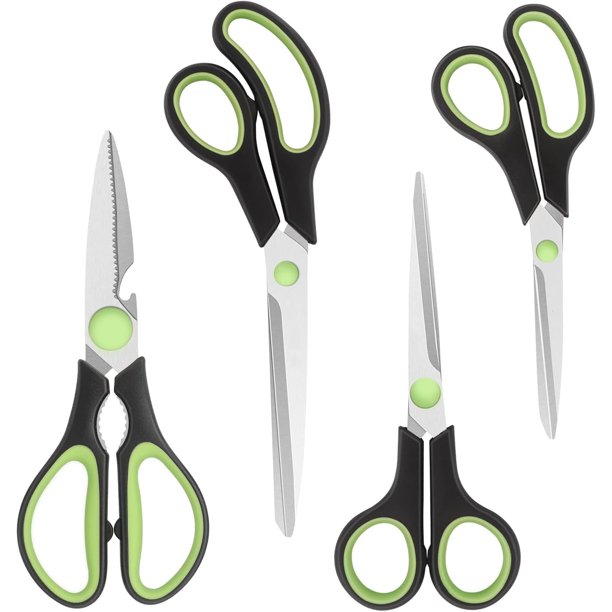 Tijeras de Cocina Multifuncionales, Acero Inoxidable, Mango Suave, Negro/Verde, Juego de 4 Piezas