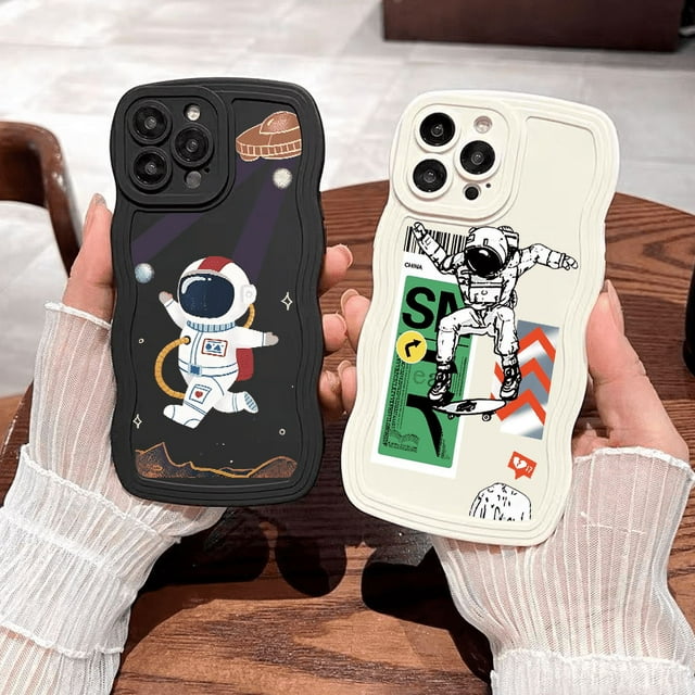 2pcs Astronaut Graphic Luxury Phone Case For IPhone 11 14 13 12 Pro Max XR XS 7 8 Plus Shockproof Cases Fall Bumper Back Soft Matte Lens Protection Cover Pattern Cases