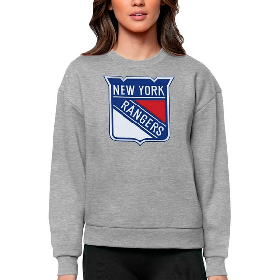 Women's Antigua Heather Gray New York Rangers Primary Logo Team Logo Victory Crewneck Pullover Sweatshirt