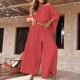 thumbnail image 2 of Women's 2 Piece Cotton Linen Set - Loose Fit Summer Outfit | Off Shoulder Bat Sleeve Crop Tops + Wide Leg Palazzo Pants, 2 of 6