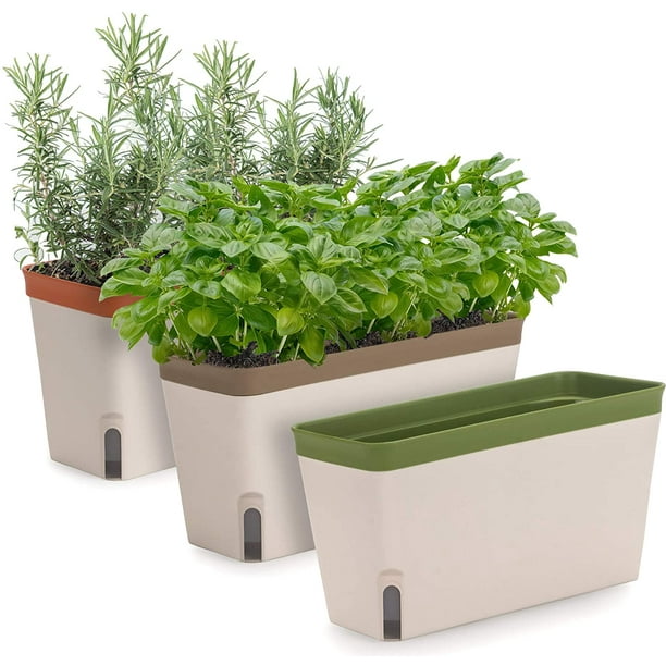 Windowsill Herb Planter Box, Set of 3, Rectangular Self Watering Indoor