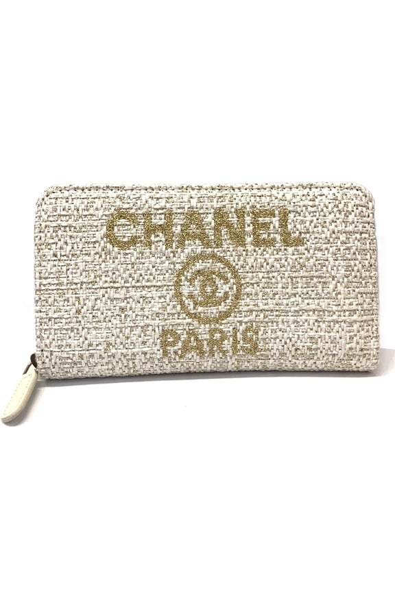 Pre-Owned CHANEL Deauville Round Long Wallet in Tweed and White Gold A81973