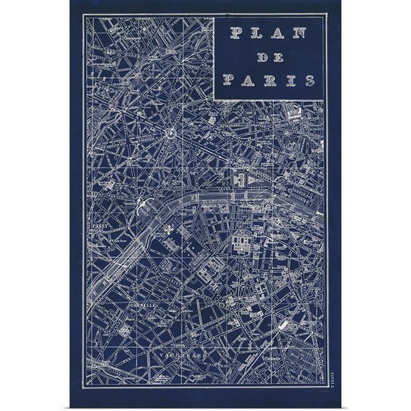 Great BIG Canvas | Rolled Sue Schlabach Poster Print entitled Blueprint Map Paris