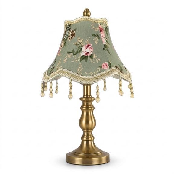 Coziro Vintage Bell Shade Sage Green Floral Print Fabric Lamp Shade with Beaded Tassels, Scalloped Trim Decorative Light Cover for Table Lamps, 1 Pack