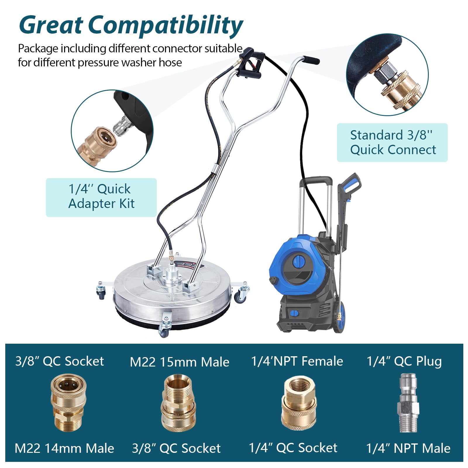 Luku 24" Pressure Washer Surface Cleaner with Dual Handle, 4 Wheels, 3/8" Quick Connect, 2 Replacement Nozzles, Stainless Steel Power Washer Surface Cleaner for Driveway Sidewalk Patio 4000 PSI