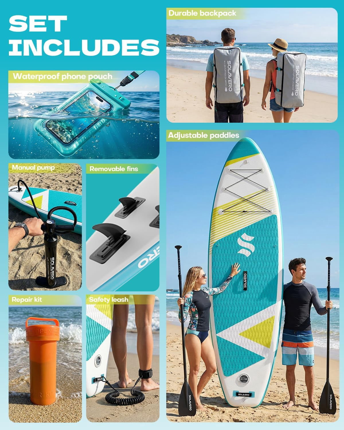SOLAVERO Inflatable Stand Up Paddle Board for 2 Person, Ultra-Light SUP Board with Accessories for Adults & Youth of All Skill Levels