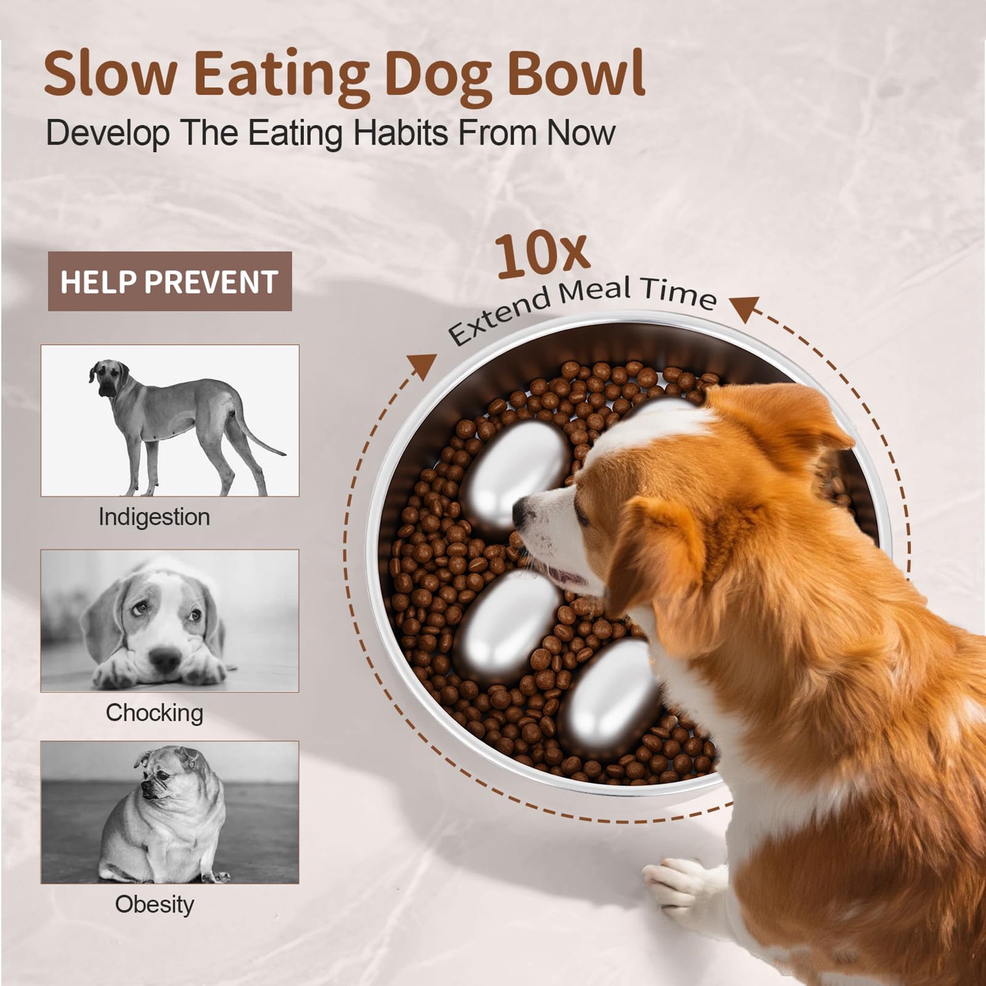 Slow feeder dog bowl stainless steel, non slip base slow eating bowl for fast eaters, raised obstacle design reduces bloat and indigestion for small medium large dogs, dishwasher safe pet bowl, siler