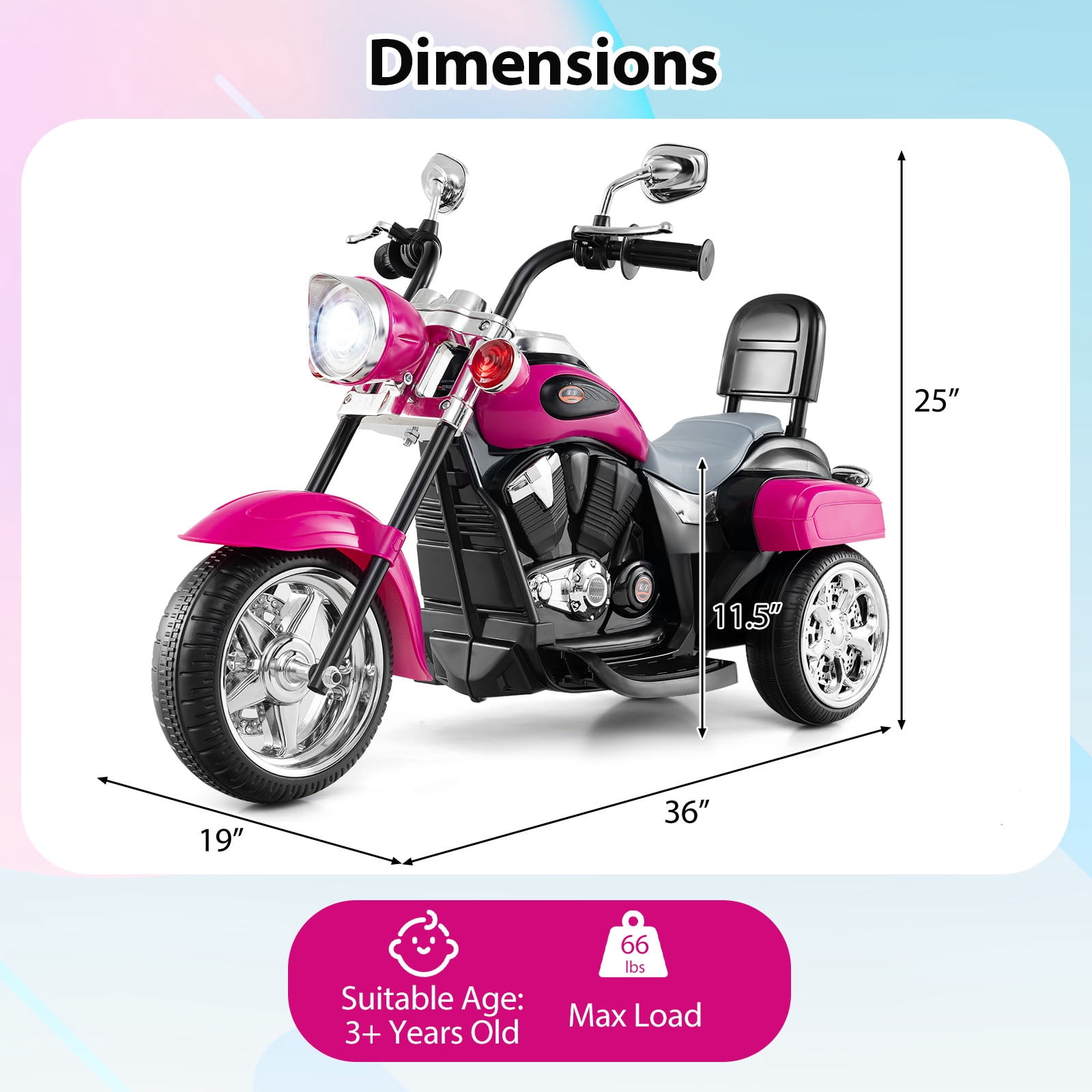 Gymax 6V Electric Kids Motorcycle 3-Wheel Ride On Toy w/ Adjustable Headlight Rose