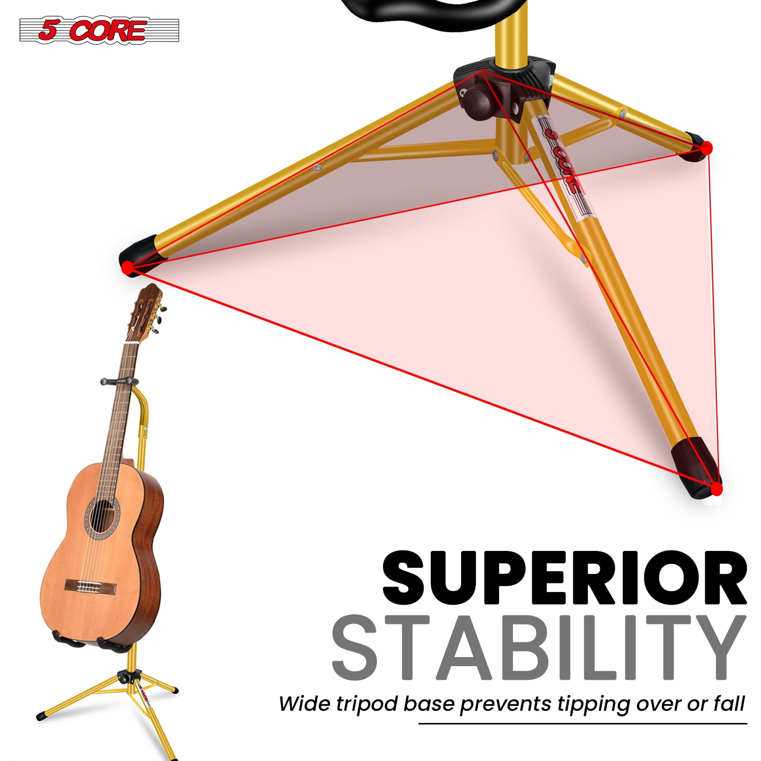 5 Core Guitar Stand Floor Adjustable 2pcs Heavy Duty w Neck Holder Universal Supports for Acoustic Electric Classic Bass Instrument Folding Portable Yellow - GSH HD YLW 2pcs