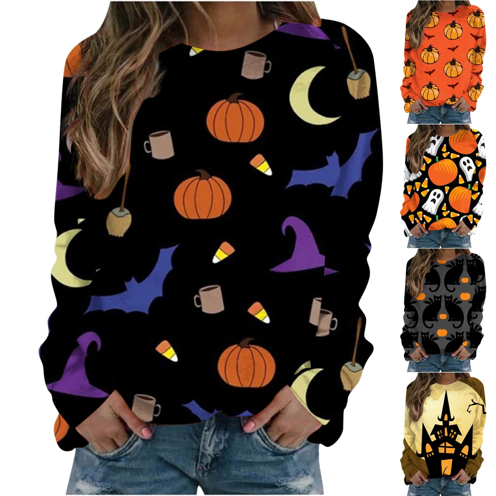 LWZWM Halloween T Shirts for Women Pumpkin Pullover Spring Autumn Round