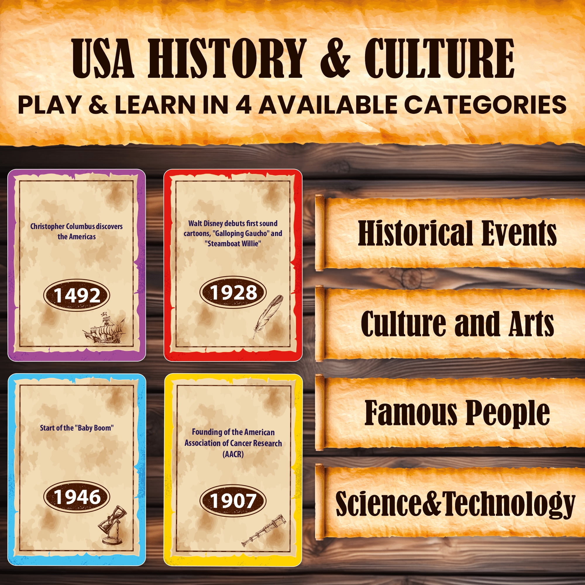 Quokka Board Card Game for Adults - Istoria 500 Trivia Cards for Ages 15 + - USA History & Personality Board Card Game
