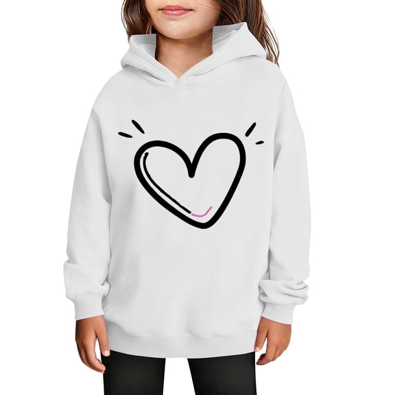 SGFCWSX Girls Hooded Sweatshirts Heart Print Hoodies for Kids Fleece Long Sleeve Fashion Warm Pullover Tops White Size 5-6 Years