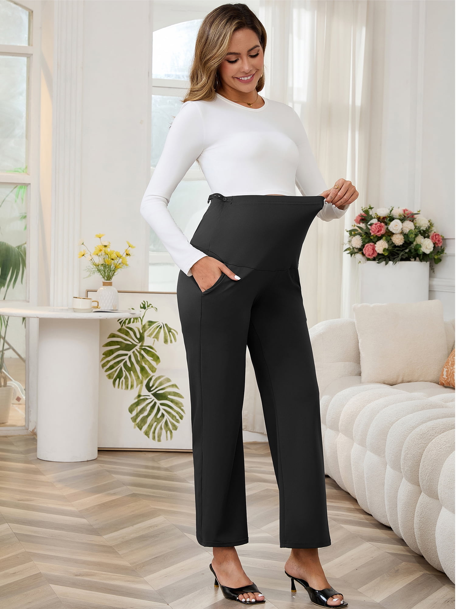 DARING DIVA Women's Wide Leg Over Belly Elastic Maternity Pants L Black
